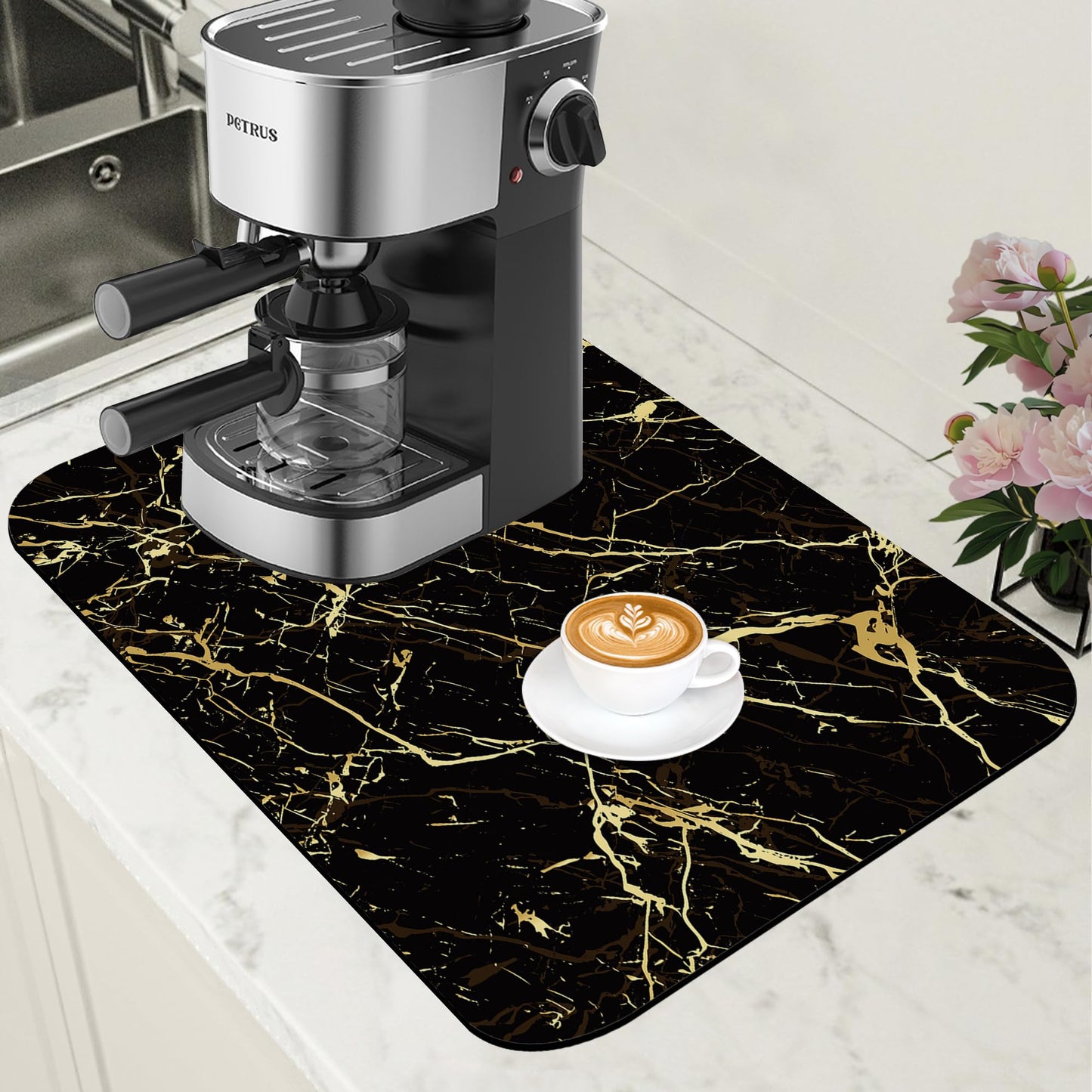 Dish Drying Mat Black and Gold Marble Coffee Bar Mat for Countertop Absorbent Coffee Mat Rubber Backed Hide Stain Dish Drainer Rack Mat Coffee Maker Coffee Pot Dining Room Decoration 11.8 x 19.7 Inch