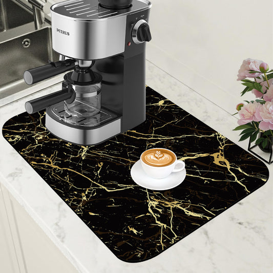 Dish Drying Mat Black and Gold Marble Coffee Bar Mat for Countertop Absorbent Coffee Mat Rubber Backed Hide Stain Dish Drainer Rack Mat Coffee Maker Coffee Pot Dining Room Decoration 11.8 x 19.7 Inch